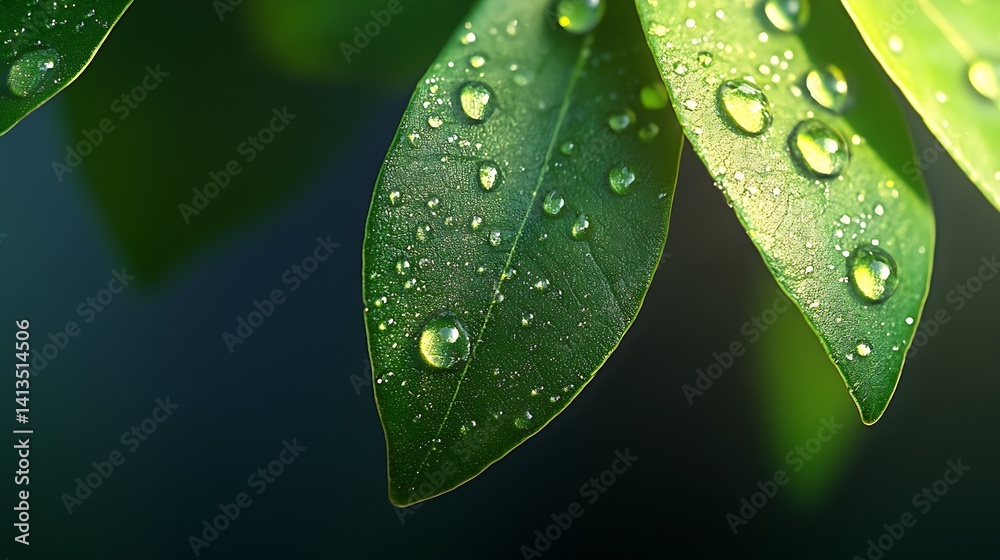 Close-up of fresh green leaves with water droplets creating a serene and natural atmosphere for organic imagery : Generative AI