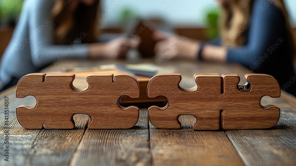 Interlocking Wooden Puzzle Pieces on a Table Surrounded by Friends Engaging in a Fun Activity : Generative AI