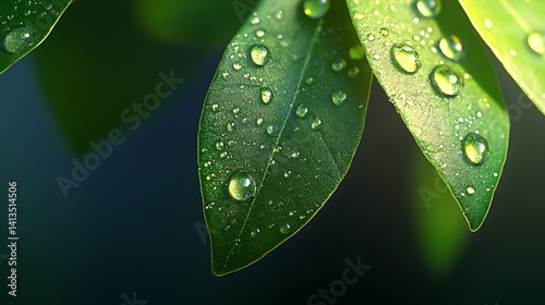 Close-up of fresh green leaves with water droplets creating a serene and natural atmosphere for organic imagery : Generative AI