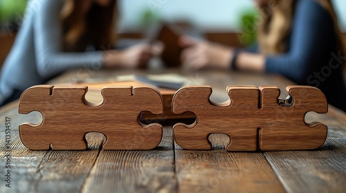 Obraz na płótnie Interlocking Wooden Puzzle Pieces on a Table Surrounded by Friends Engaging in a Fun Activity : Generative AI w salonie