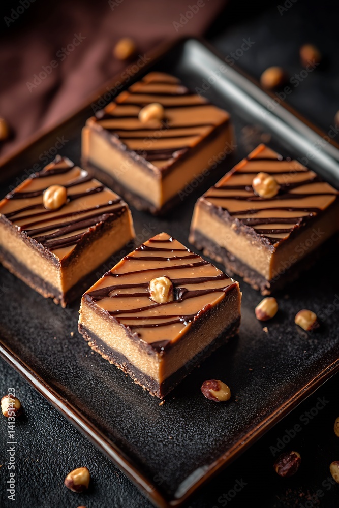 Delicious chocolate dessert slices elegantly placed on a black plate, topped with glossy chocolate drizzle and nuts for a refined treat : Generative AI