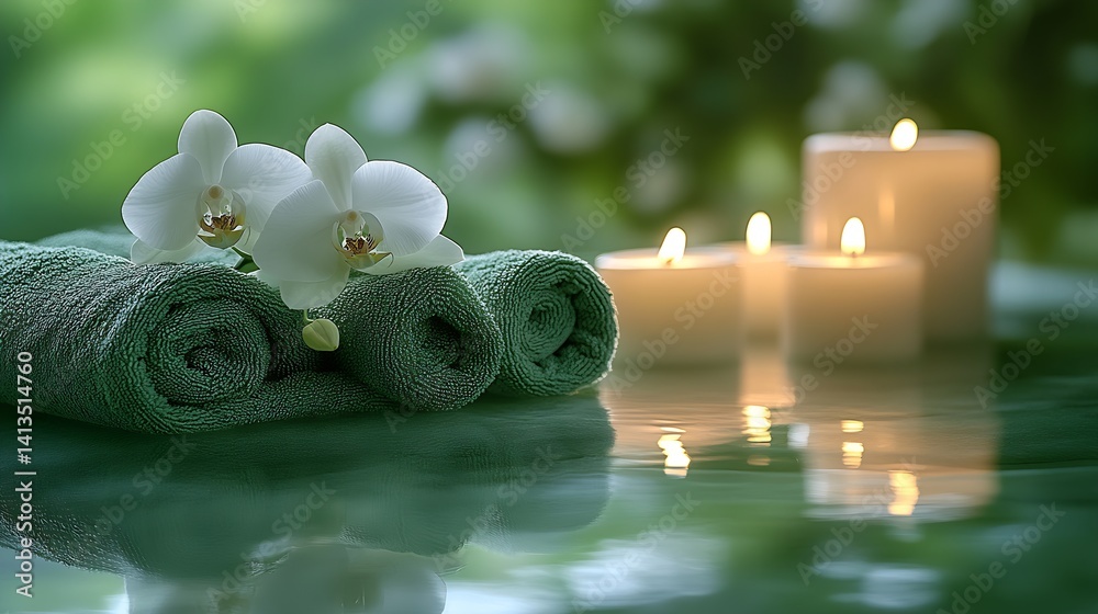 Relaxing Spa Scene with Soft Towels Candles and Elegant Orchids for Therapeutic Atmosphere : Generative AI