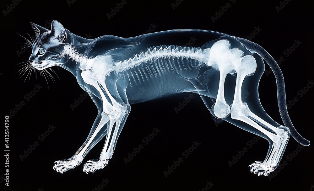 Detailed Cat X-Ray Showing Skeletal Structure in Realistic Black Background for Veterinary Learning : Generative AI