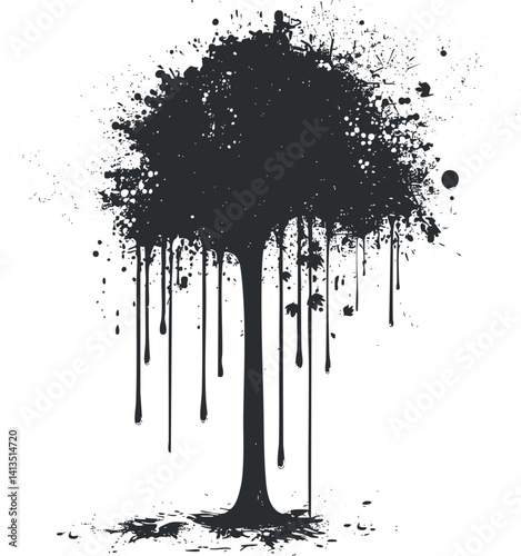 A modern black silhouette of a tree with artistic ink drips and splashes for creative designs.