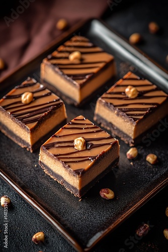 Obraz na płótnie Delicious chocolate dessert slices elegantly placed on a black plate, topped with glossy chocolate drizzle and nuts for a refined treat : Generative AI w salonie