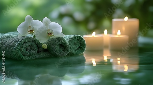 Obraz na płótnie Relaxing Spa Scene with Soft Towels Candles and Elegant Orchids for Therapeutic Atmosphere : Generative AI w salonie