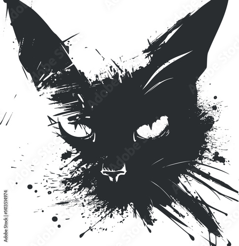 A striking black silhouette illustration of a cat's face with abstract splatter effects.
