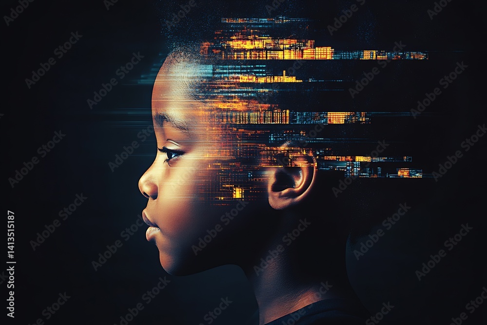 Artistic representation of a child's profile merging with digital effects showcasing a futuristic vision : Generative AI