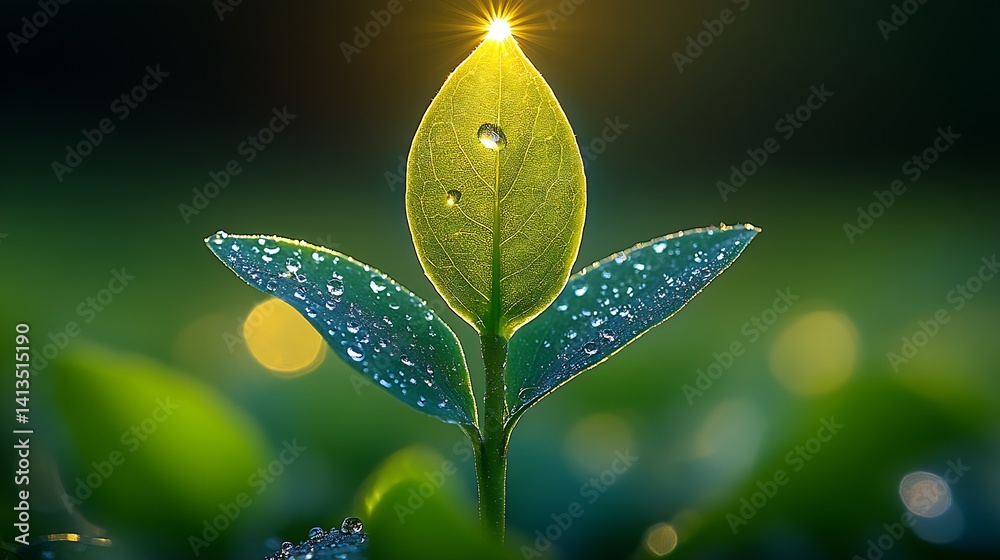 A vibrant green plant leaf glistening with morning dew under a warm sunray showcasing nature's beauty : Generative AI