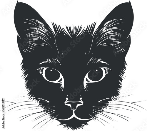 Stylized black silhouette of a cat's face with large eyes and prominent whiskers