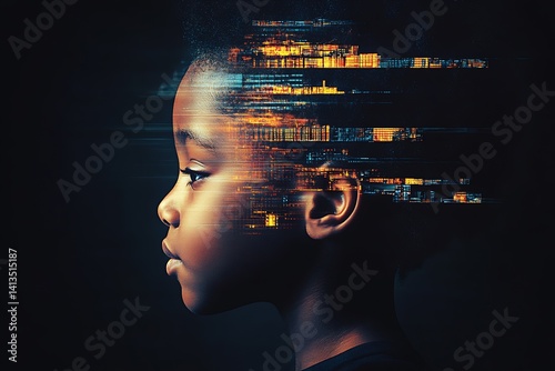 Obraz na płótnie Artistic representation of a child's profile merging with digital effects showcasing a futuristic vision : Generative AI w salonie