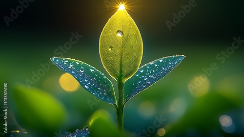 Obraz na płótnie A vibrant green plant leaf glistening with morning dew under a warm sunray showcasing nature's beauty : Generative AI w salonie