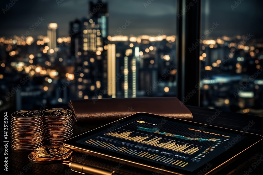 Stylish virtual trading platform displaying cryptocurrency market data with coins and city skyline in the background : Generative AI