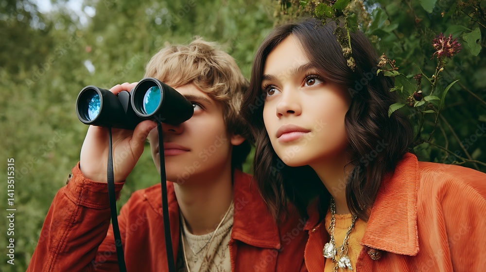 A young couple observing nature through binoculars surrounded by lush green foliage in a captivating outdoor setting : Generative AI