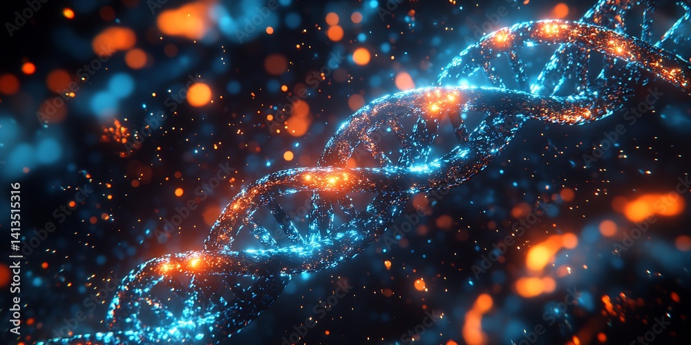 Stunning 3D Render of Colorful DNA Helix Structure Surrounded by Sparkling Lights : Generative AI