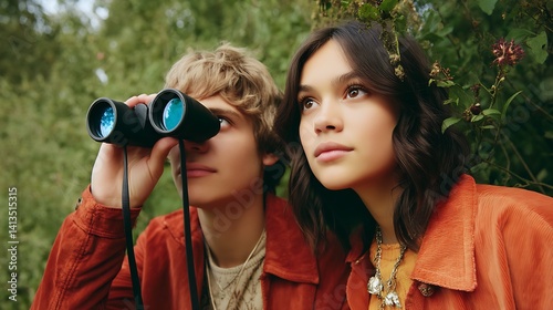Obraz na płótnie A young couple observing nature through binoculars surrounded by lush green foliage in a captivating outdoor setting : Generative AI w salonie