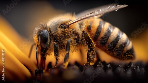 Obraz na płótnie Detailed Close Up of a Honey Bee on a Flower with Water Droplets Highlighting Its Texture : Generative AI w salonie