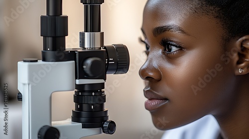 Focused young woman engaging with an advanced optical device for eye examination in a bright setting : Generative AI