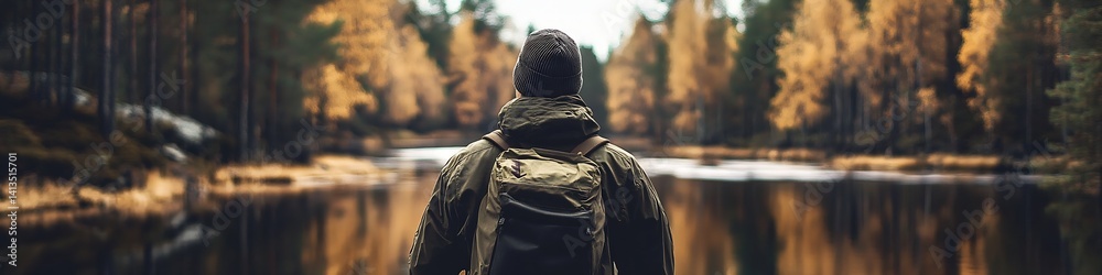 A Man Standing Peacefully by a Reflective Lake Surrounded by Autumn Trees in a Tranquil Outdoor Setting : Generative AI