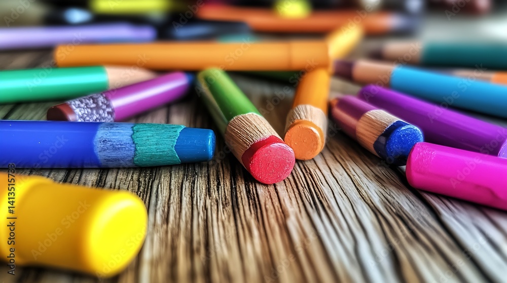 Colorful Crayons Scattered on a Wooden Surface Presenting a Fun Creational Vibe for Kids and Art : Generative AI