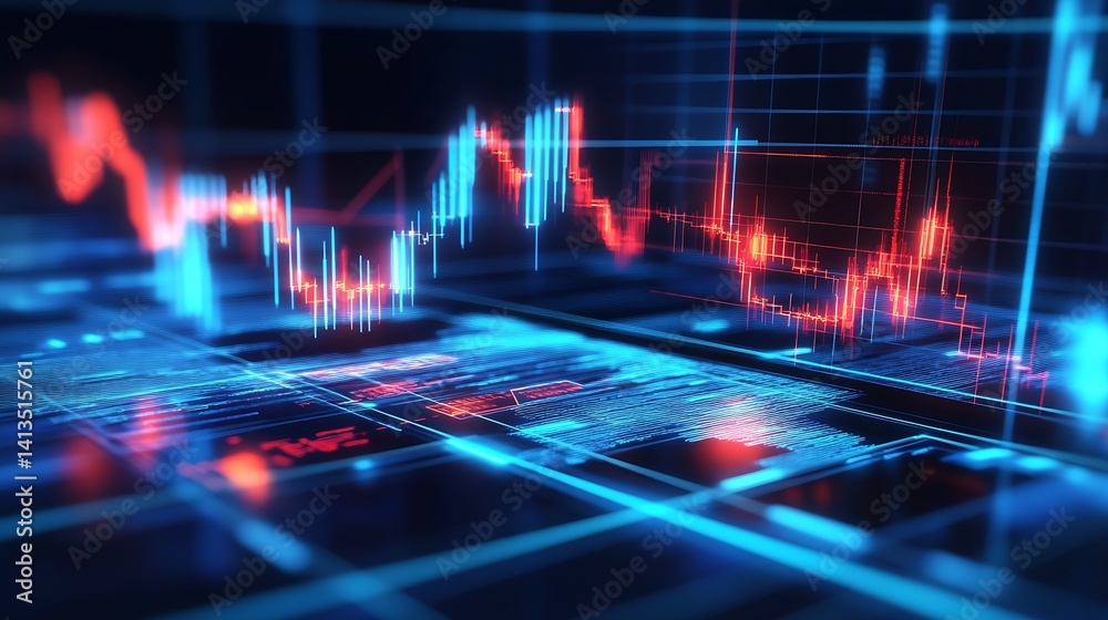 Dynamic financial chart with vivid blue and red indicators showcasing market fluctuation in real time : Generative AI