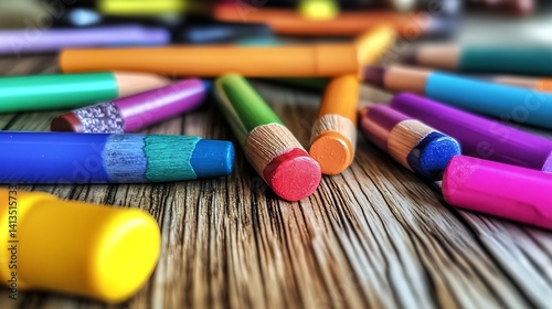 Obraz na płótnie Colorful Crayons Scattered on a Wooden Surface Presenting a Fun Creational Vibe for Kids and Art : Generative AI w salonie