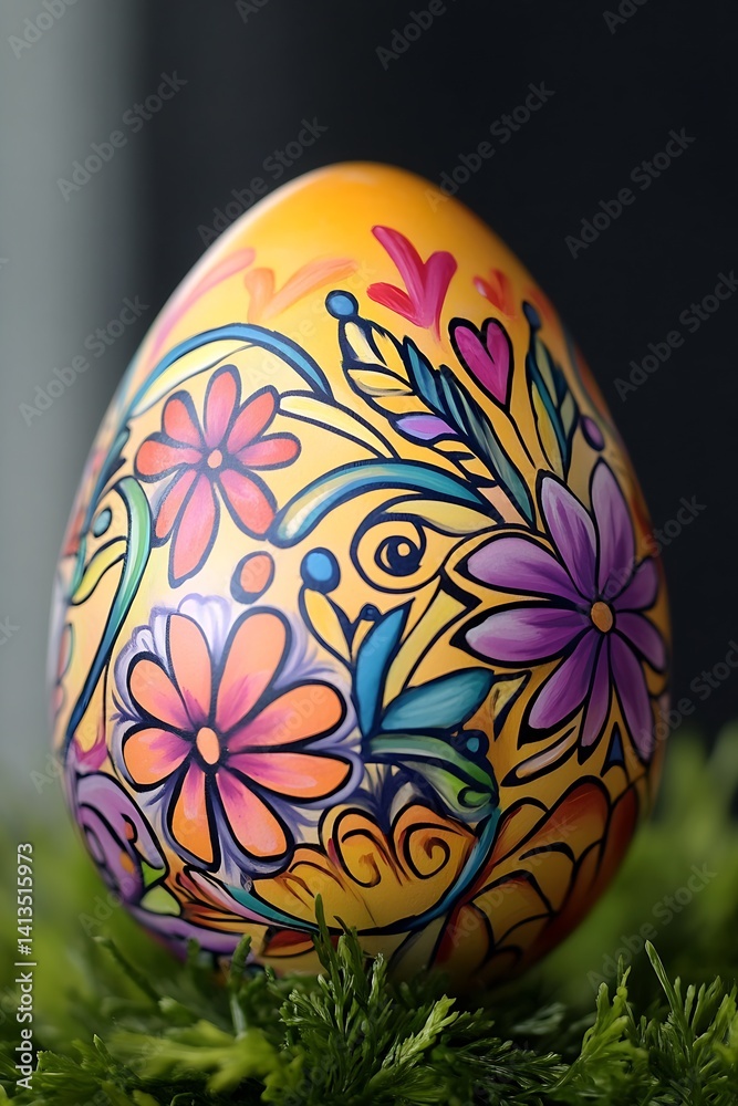 Artistic Yellow Easter Egg Decorated with Colorful Floral Patterns and Designs : Generative AI