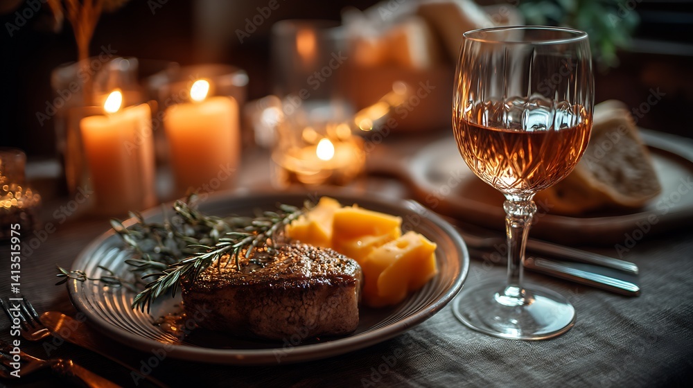 Elegant Dinner Setting with Juicy Steak, Fresh Herbs, and Wine for Romantic Evening : Generative AI