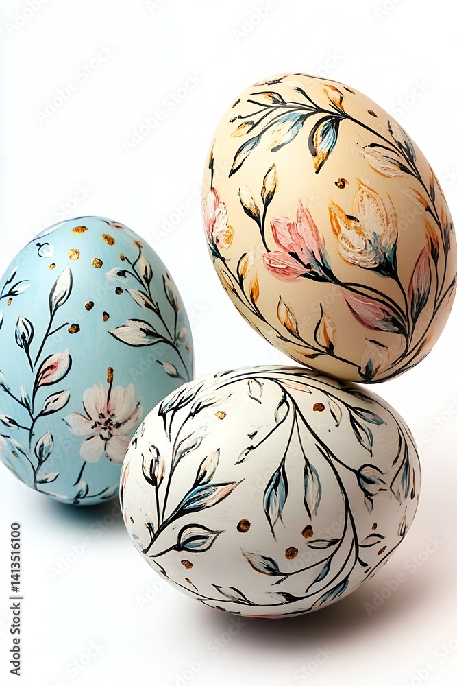 Hand-painted decorative Easter eggs featuring floral designs in pastel colors perfect for spring celebrations : Generative AI