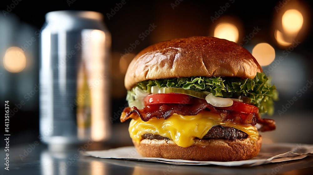 Juicy hamburger with melted cheese, fresh lettuce and tomato served with a refreshing soda drink : Generative AI