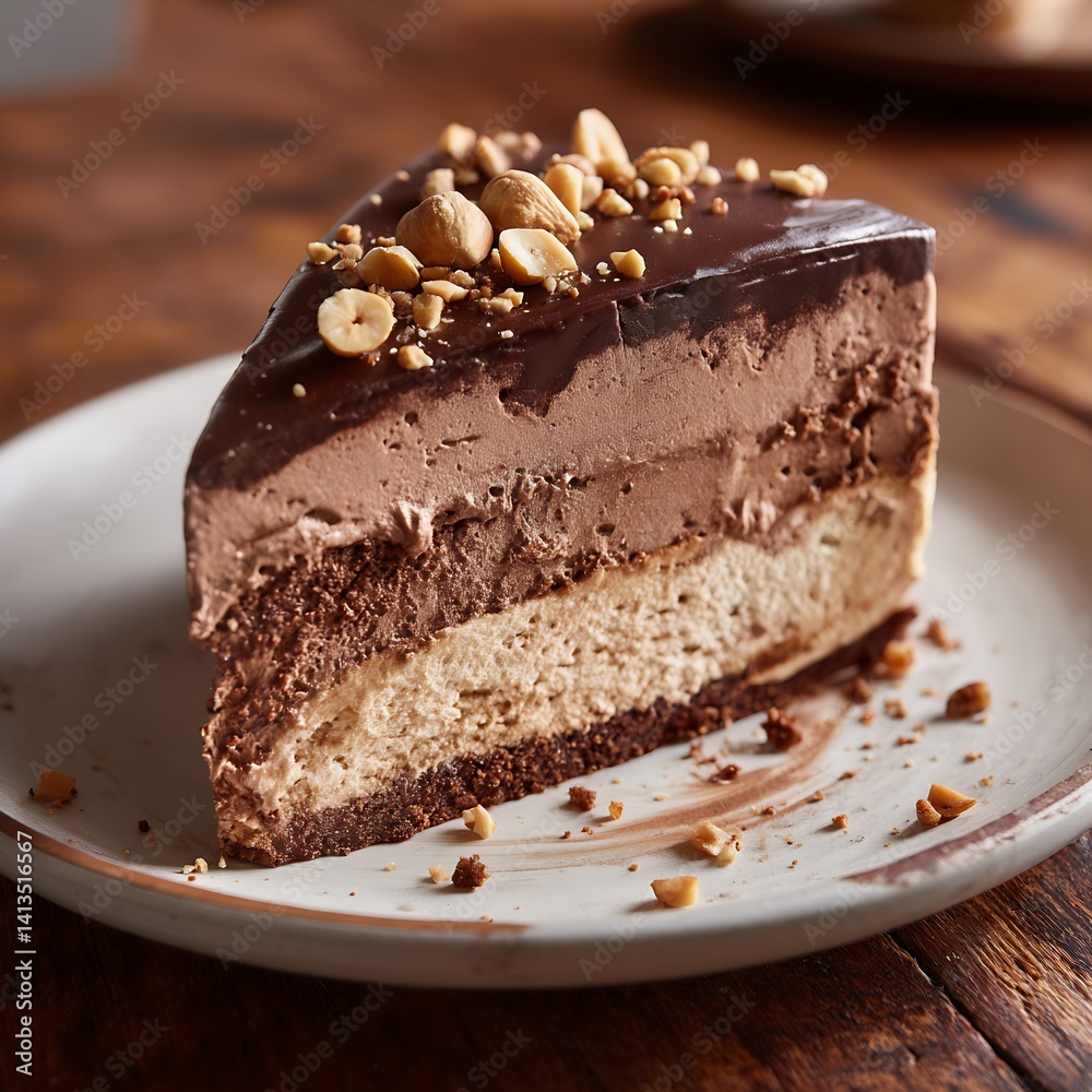 Delicious layered chocolate cake with hazelnut topping displayed elegantly on a rustic wooden table : Generative AI