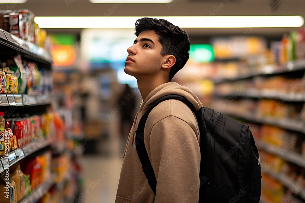 Thoughtful young man browsing snack aisles in a busy grocery store with engaging atmosphere : Generative AI
