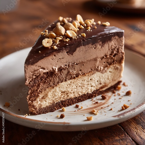 Obraz na płótnie Delicious layered chocolate cake with hazelnut topping displayed elegantly on a rustic wooden table : Generative AI w salonie