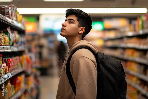 Obraz na płótnie Thoughtful young man browsing snack aisles in a busy grocery store with engaging atmosphere : Generative AI w salonie