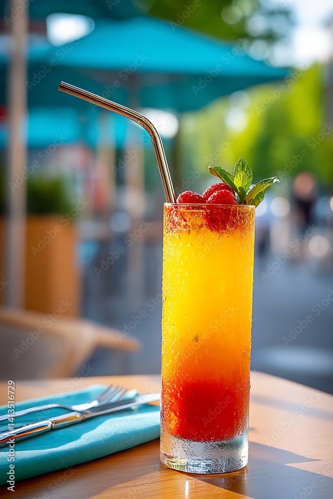Refreshing drink with layers of vibrant orange and red topped with fresh raspberries and mint in outdoor setting : Generative AI