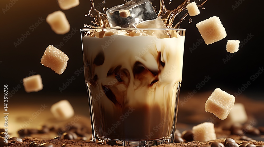 Delicious Iced Coffee with Cream and Sugar Cubes Splashing in a Glass : Generative AI