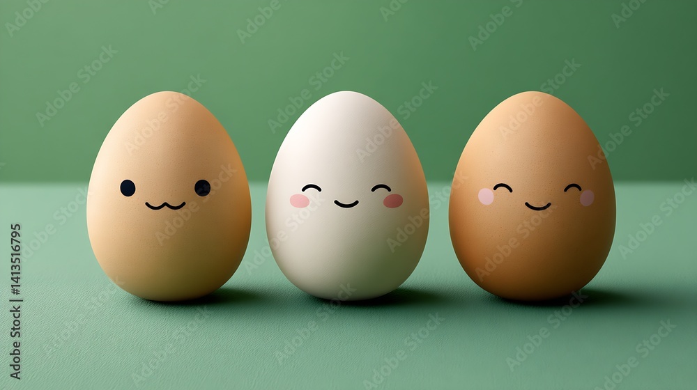 Cute trio of cheerful eggs with charming faces against a minimalistic green background : Generative AI