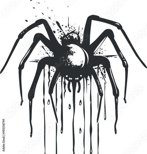 A stylized black illustration of a spider with dripping details and an eerie design.
