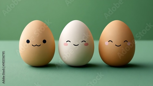 Obraz na płótnie Cute trio of cheerful eggs with charming faces against a minimalistic green background : Generative AI w salonie