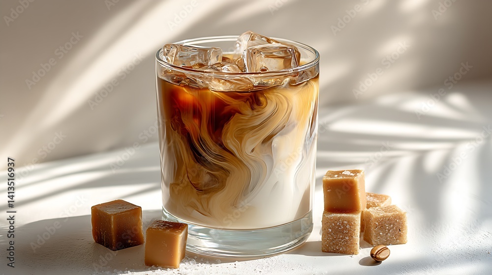 Freshly Made Coffee Drink with Cream Swirls and Sugar Cubes on a Light Background : Generative AI