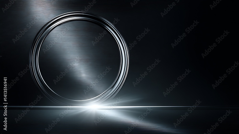 Stylish metallic circular shape with a polished surface reflecting light in an abstract dark background : Generative AI