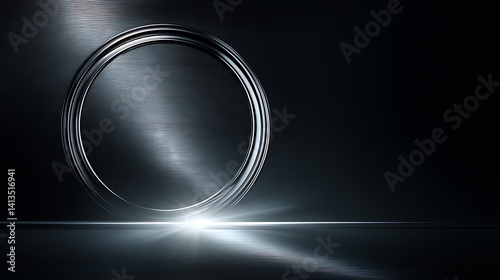 Obraz na płótnie Stylish metallic circular shape with a polished surface reflecting light in an abstract dark background : Generative AI w salonie