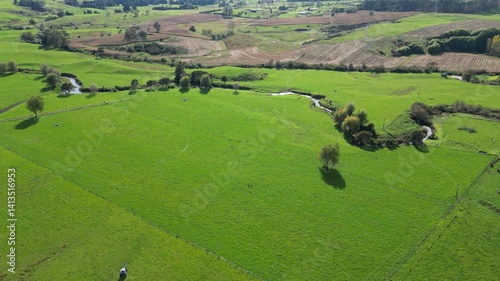 Waihi Region, New Zealand, Aerial Over Rural Farmland and River