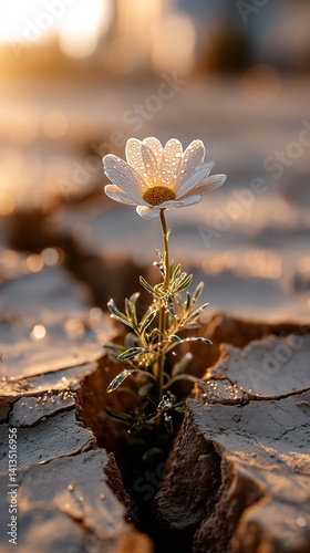 Obraz na płótnie Inspiring resilient flower blooming on cracked earth with water droplets illuminated by golden sunset light : Generative AI w salonie