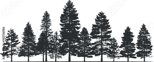Silhouette of various evergreen trees creating a natural forest landscape design.
