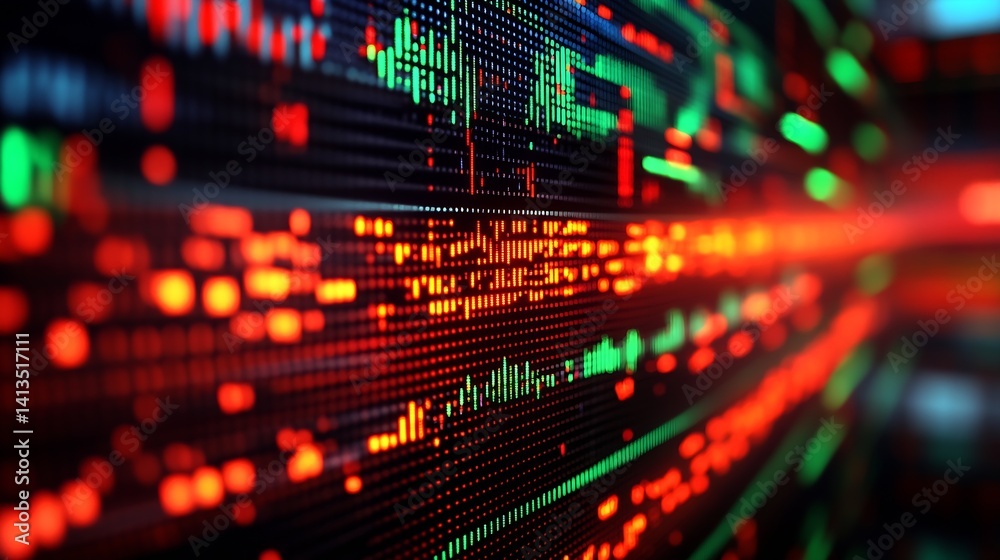 Vibrant abstract digital display of data streams in bright red and green lights on a black background : Generative AI