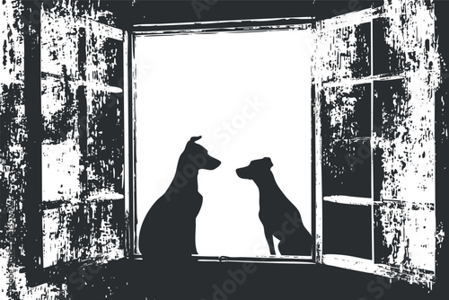 Two dogs sitting in silhouette at a window, creating a peaceful and serene atmosphere.