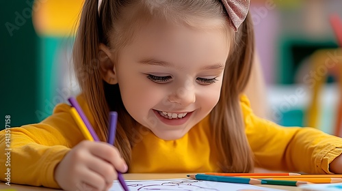 Young girl joyfully coloring with crayons and smiling while engaging in creative activities at home : Generative AI