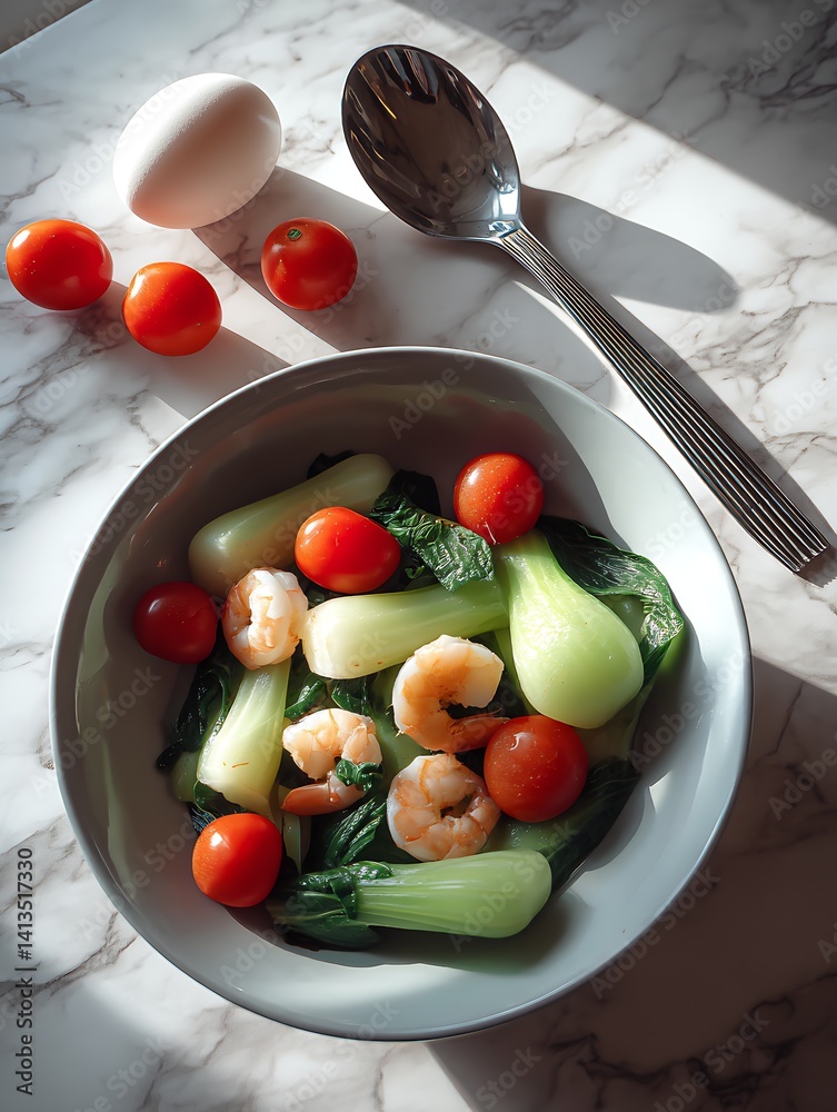 Savory Shrimp and Bok Choy Bowl with Cherry Tomatoes Perfectly Plated on Marble Surface : Generative AI