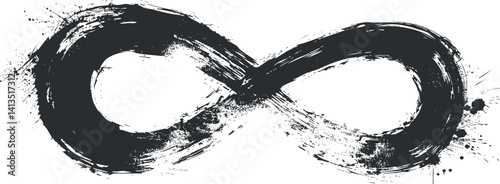 A black ink brush stroke representation of the infinity symbol with a textured artistic style.